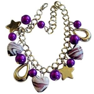 purple Heart glass Charm Bracelet VTG Statement Dangle Venetian Murano swirl